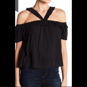 Melrose & Market Cold Shoulder Ruffle Trim Top Black Size Small